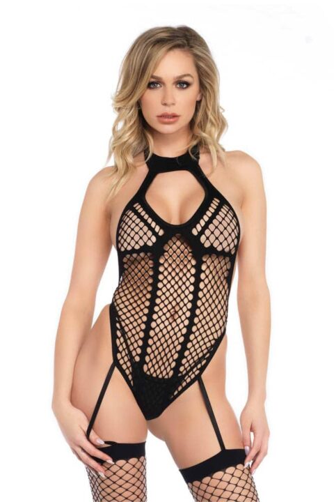 Net Keyhole Halter Teddy Black O/S