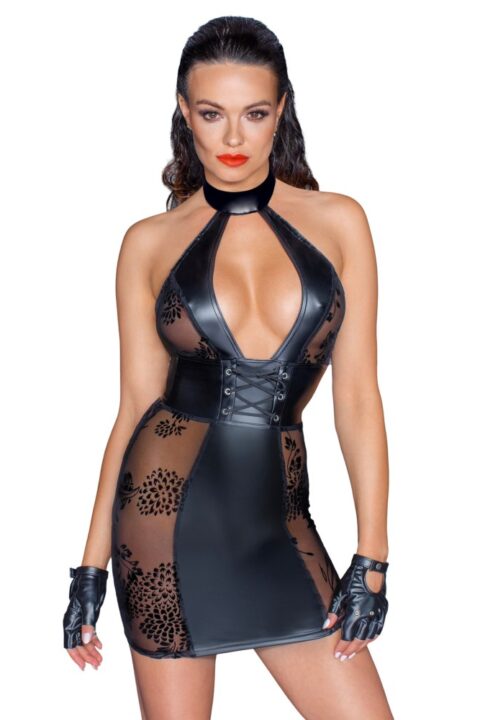 Short tulle dress, Powerwetlook inserts and corset binding - XL