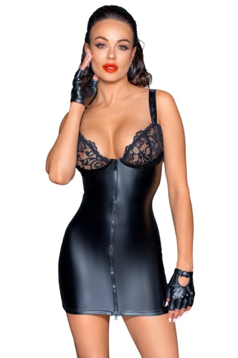Powerwetlook mini-dress with lace chest and 2-way zipper-XL