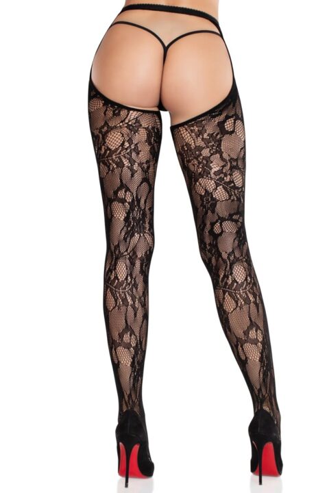 Rose Lace Crotchless Tights with Open Back - Black O/S