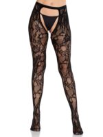 Rose Lace Crotchless Tights with Open Back - Black O/S - Image 2